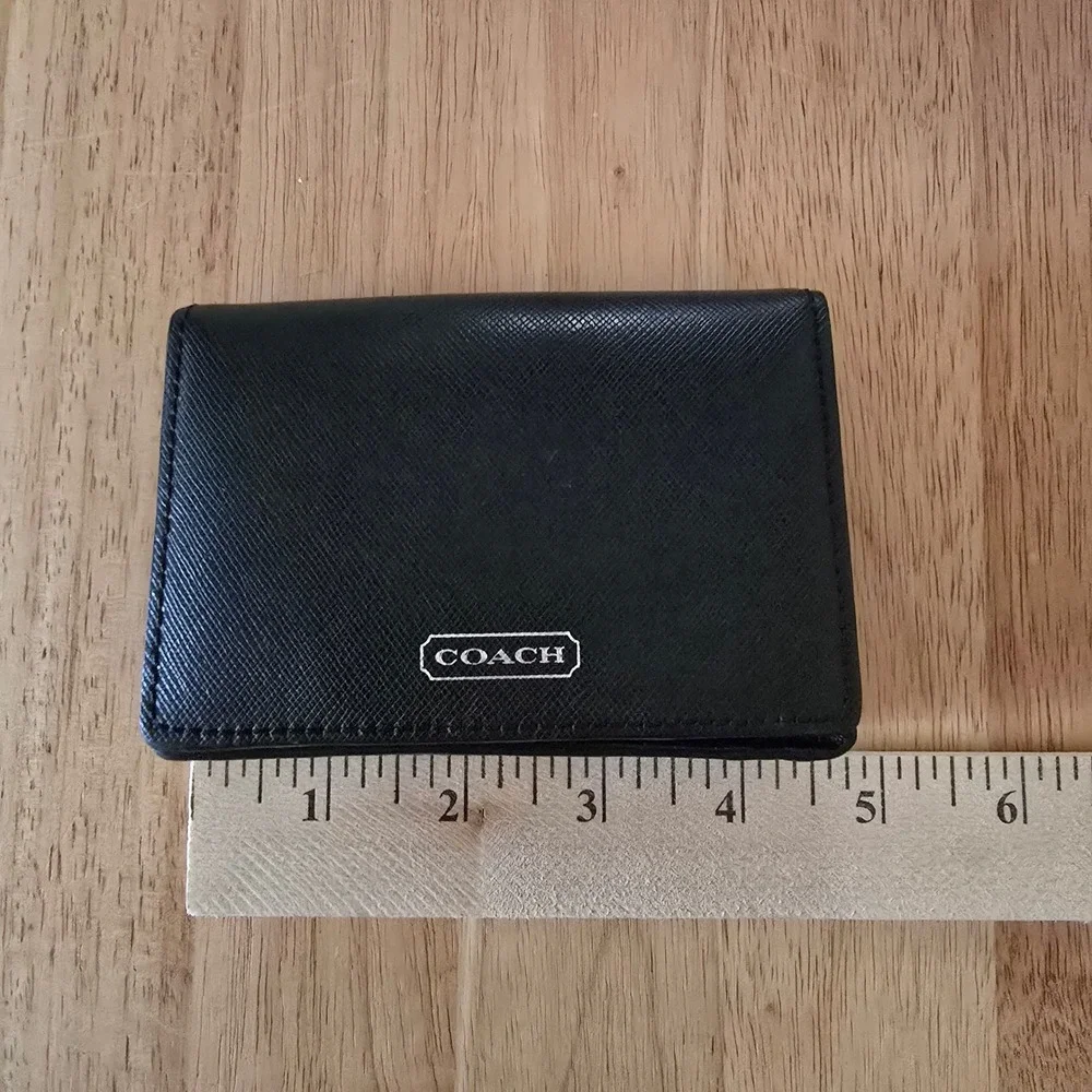 Coach Saffiano Leather Bifold Card Case Wallet  Black Classic Minimalist